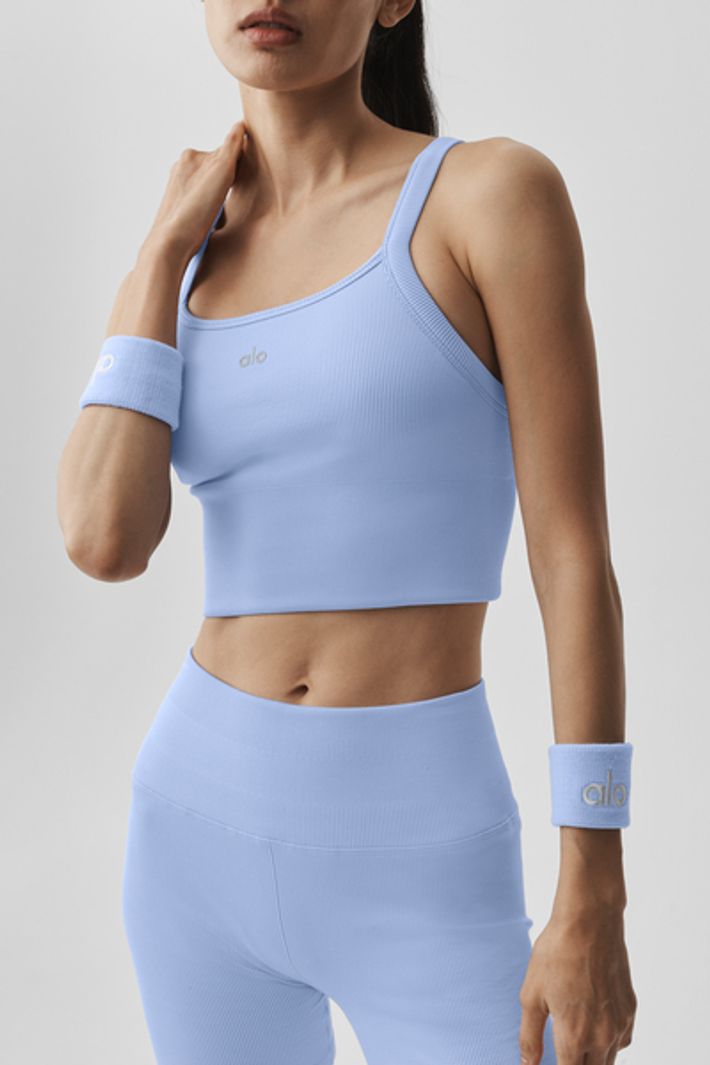 alo yoga リブ編みクロップドタンクトップ ダークブルー S Top Alo Yoga Airbrush Double Up Azul Marinho/Branco por R$ 849,99