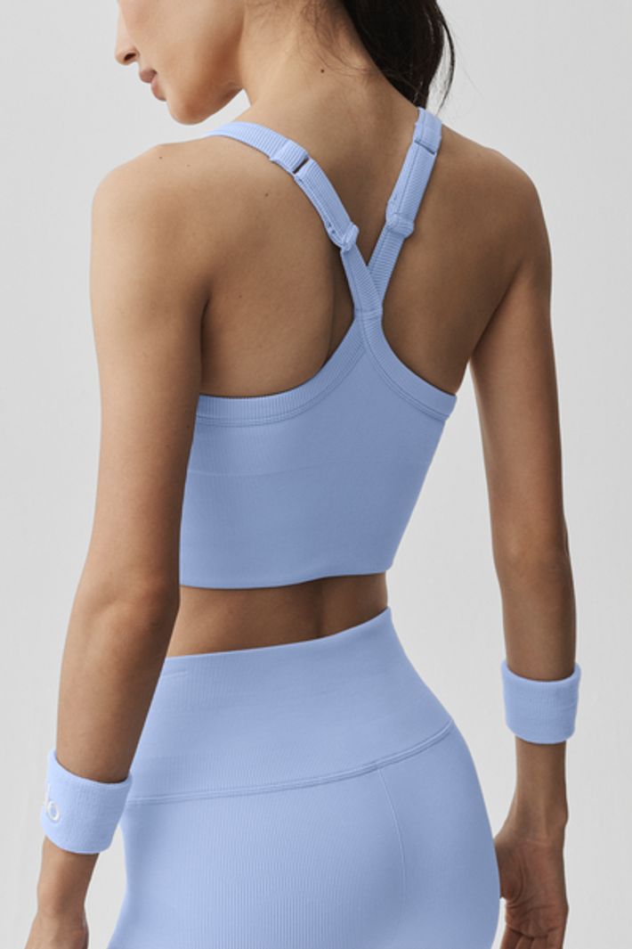 alo 水色 ハーフジップ ヨガウェア Top Seamless Ribbed Favorite Light Provence Blue - Alo Yoga