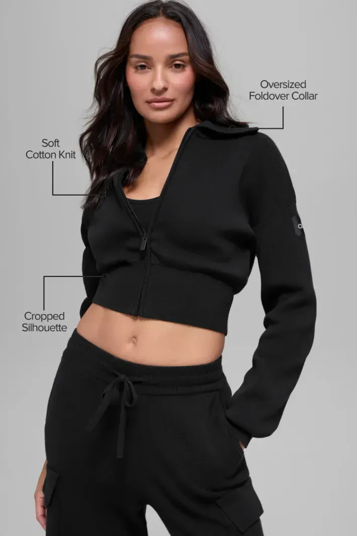 Casaco Cropped Knit Full Zip Black - Alo Yoga